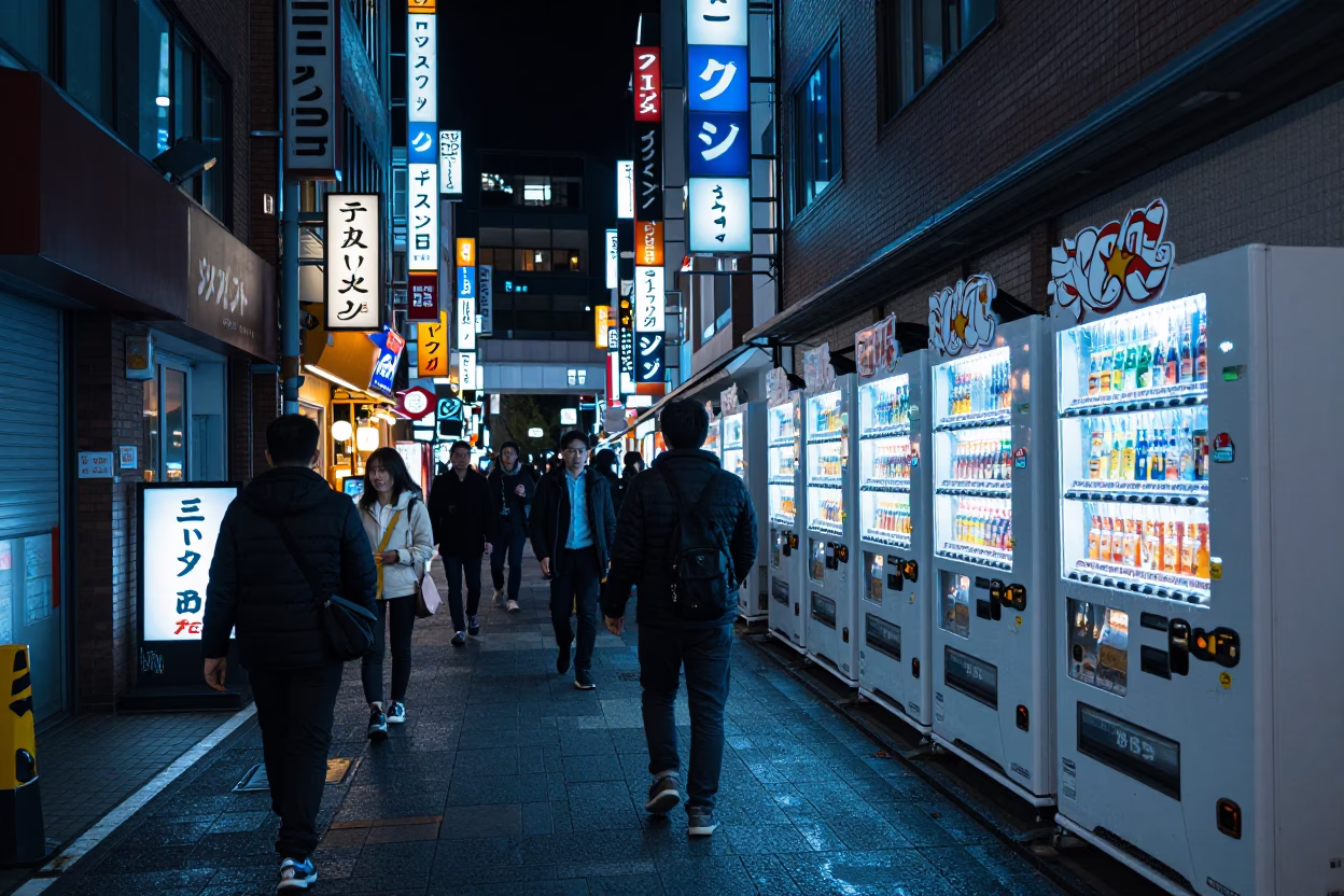 Busy Tokyo Street Scene Late Night with Neon Signs and Vending Machines in in Tokyo, Japan