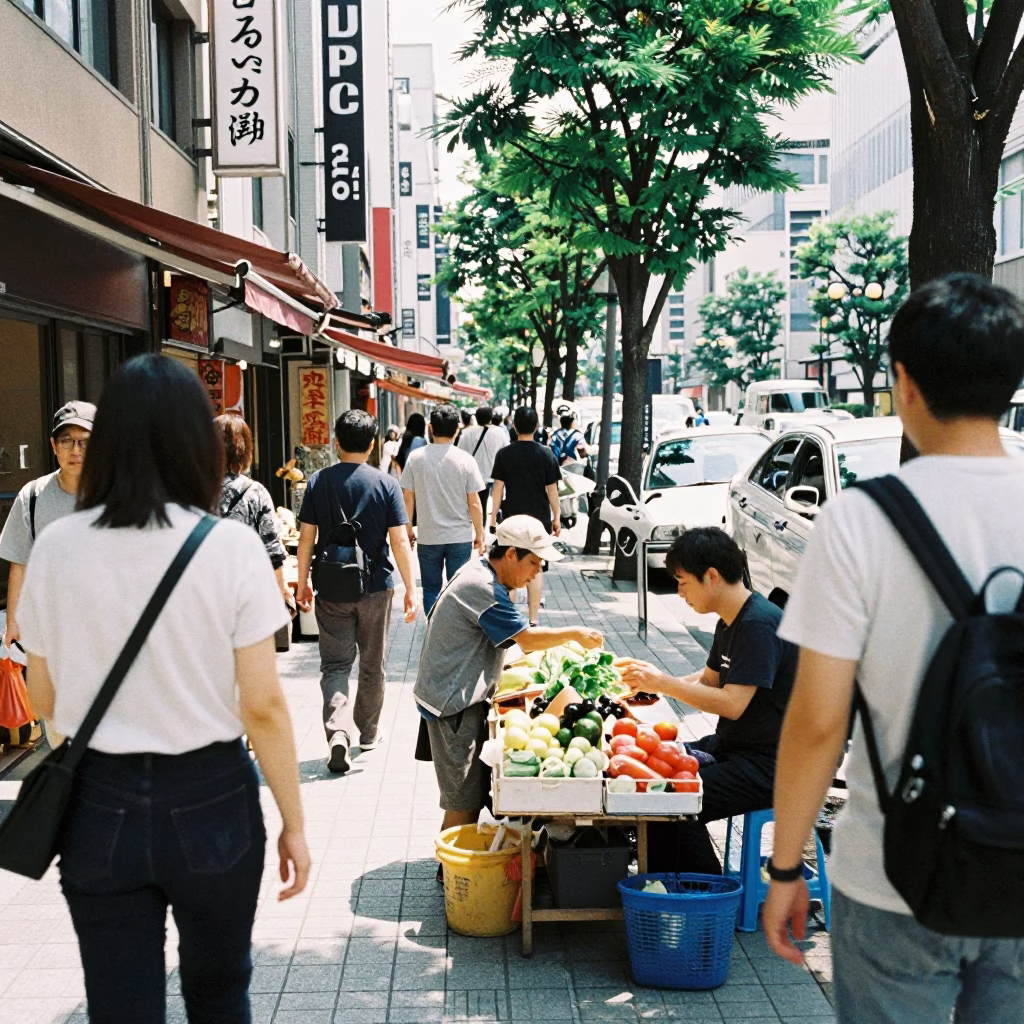 Busy Tokyo Street Scene Midday with Vendors and Pedestrians in Japan in in Tokyo, Japan