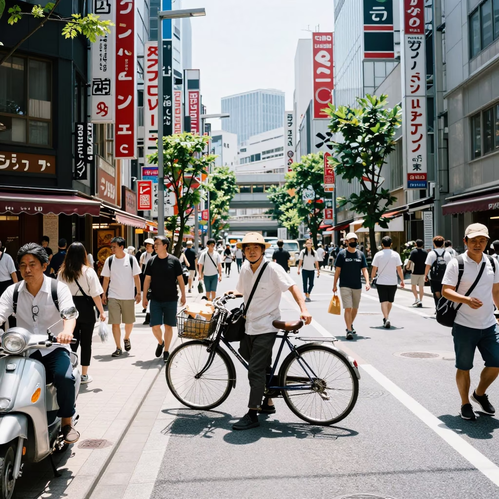 Busy Tokyo Street Scene Under Flat Noon Glare with Bicycle and Blueberries in in Tokyo, Japan