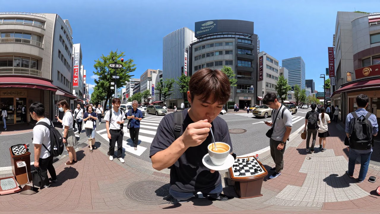 Busy Tokyo Street Scene Under Noon Sun with Coffee Cupper and Chess Clock in in Tokyo, Japan