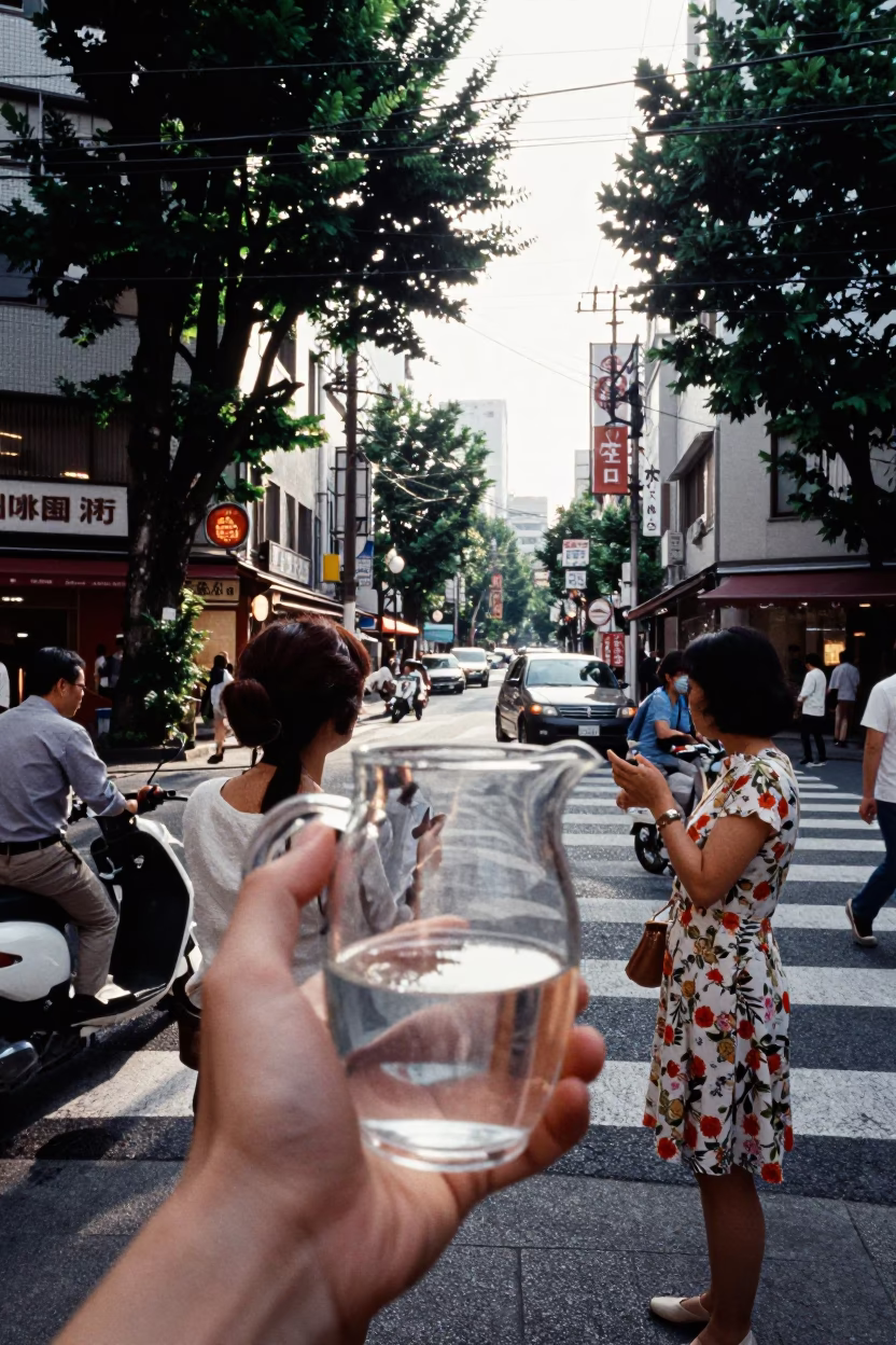 Busy Tokyo Street Scene with Glass Pitcher and Vintage 1970s Aesthetic in in Tokyo, Japan