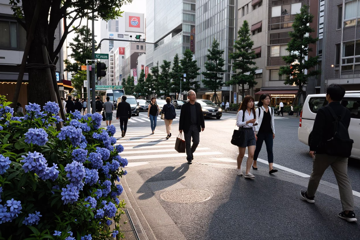Busy Tokyo Street Scene with Plumbago Hedge and Commuter Life in Early Afternoon in in Tokyo, Japan