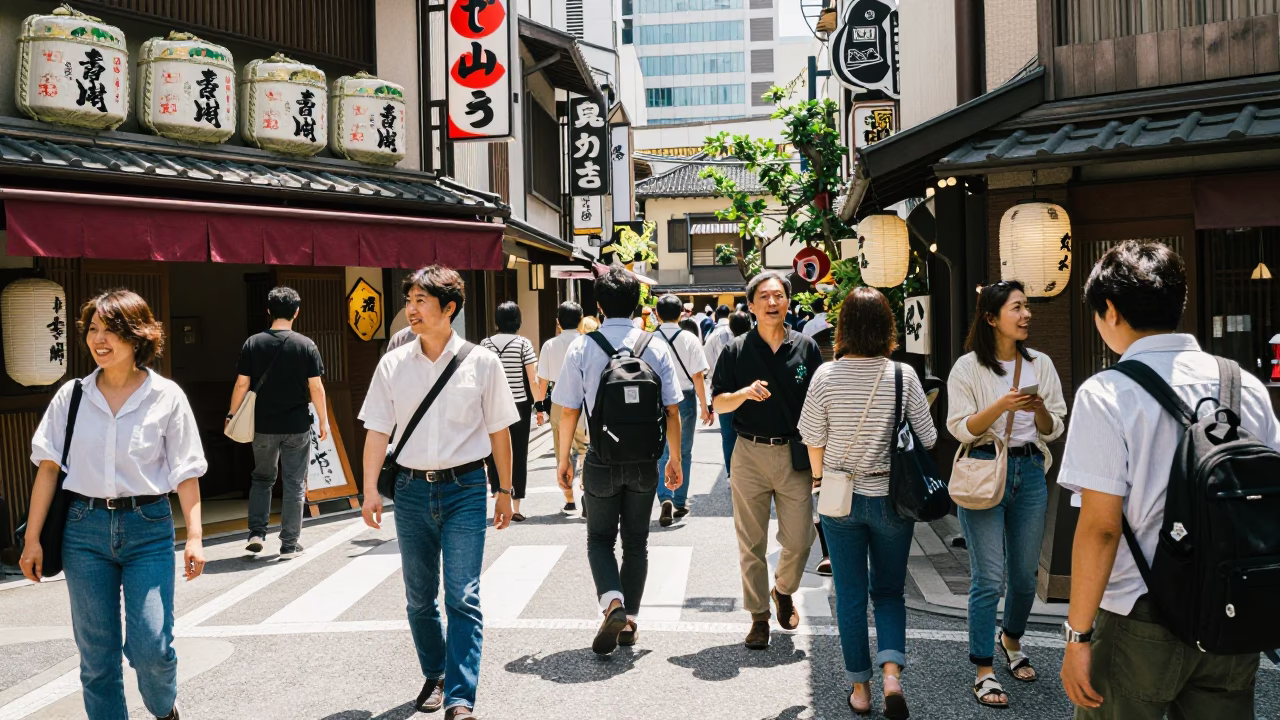 Busy Tokyo Street Scene with Traditional Sake Barrels and Crowds at Midday in in Tokyo, Japan