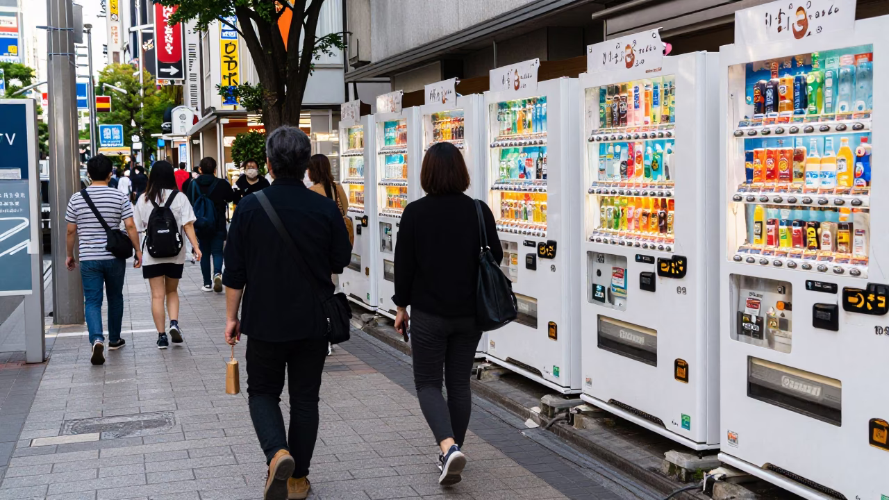 Busy Tokyo Street Scene with Vending Machines and Urban Life in Early Afternoon in in Tokyo, Japan