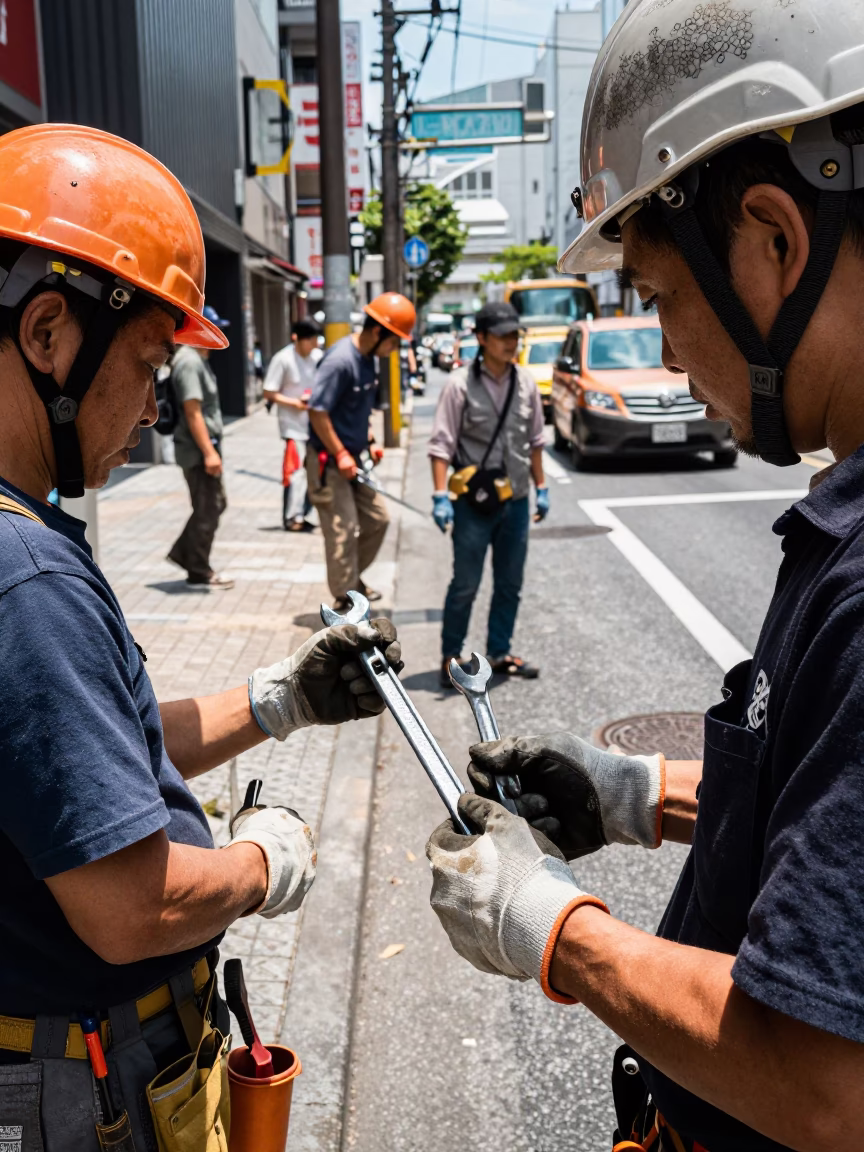 Busy Tokyo Street Scene with Workers and Tools During Midday Sunlight in in Tokyo, Japan