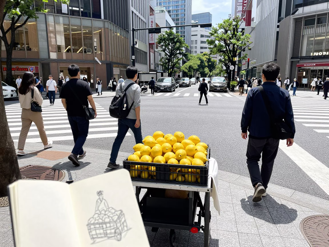 Busy Tokyo Street Scene with Yellow Lemons and Sketchbook in Bright Midmorning Light in in Tokyo, Japan