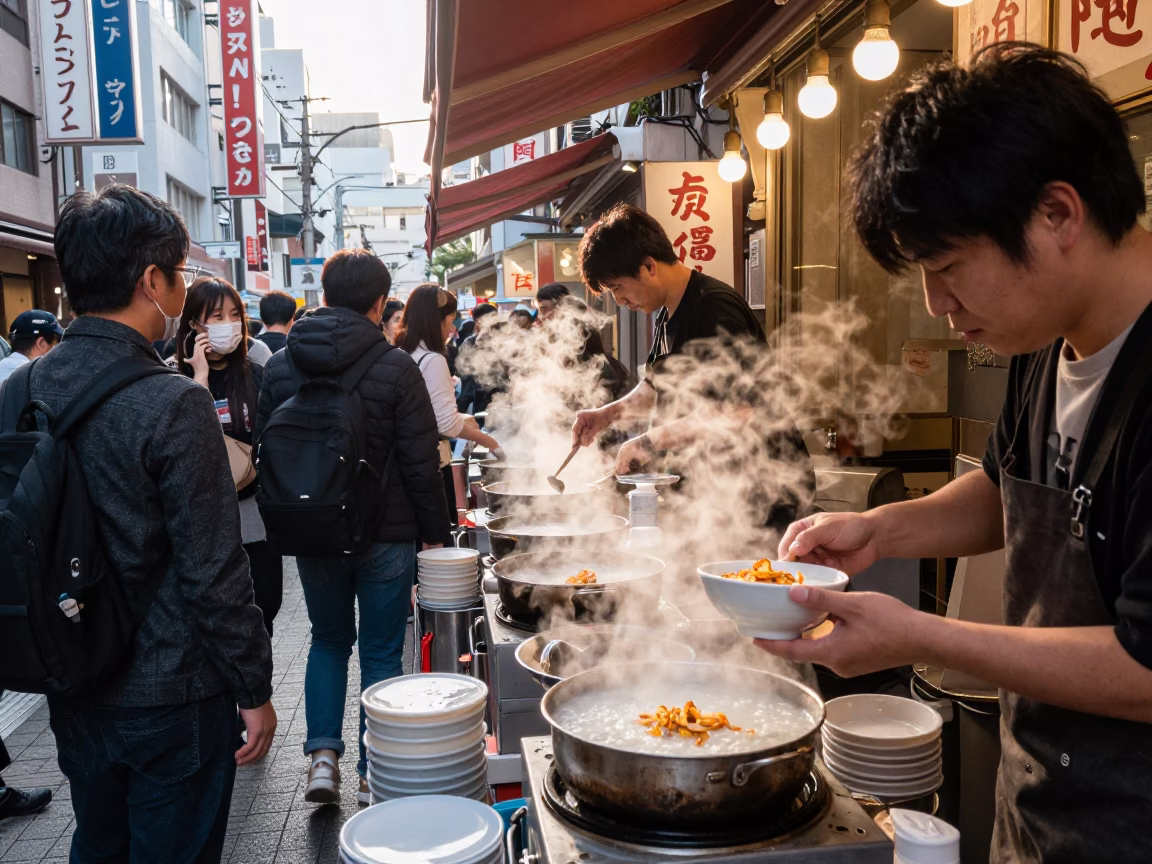Busy Tokyo Street Stall with Congee and Pollen at Sunrise in in Tokyo, Japan