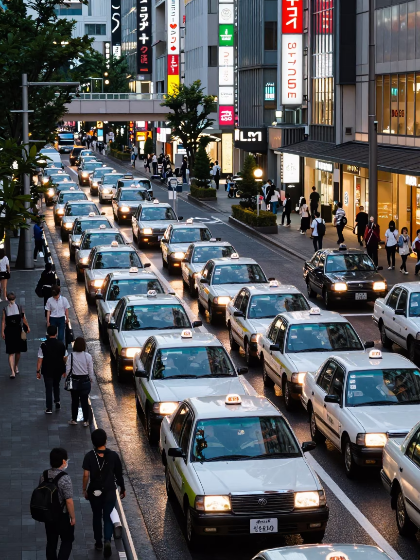 Busy Tokyo Taxi Rank at Twilight with Neon Lights and Commuters Outside Station in in Tokyo, Japan