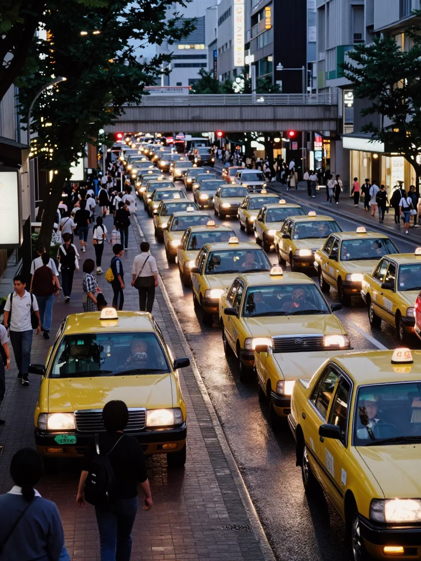 Busy Tokyo Taxi Rank at Twilight with Pedestrians and Urban Activity in in Tokyo, Japan