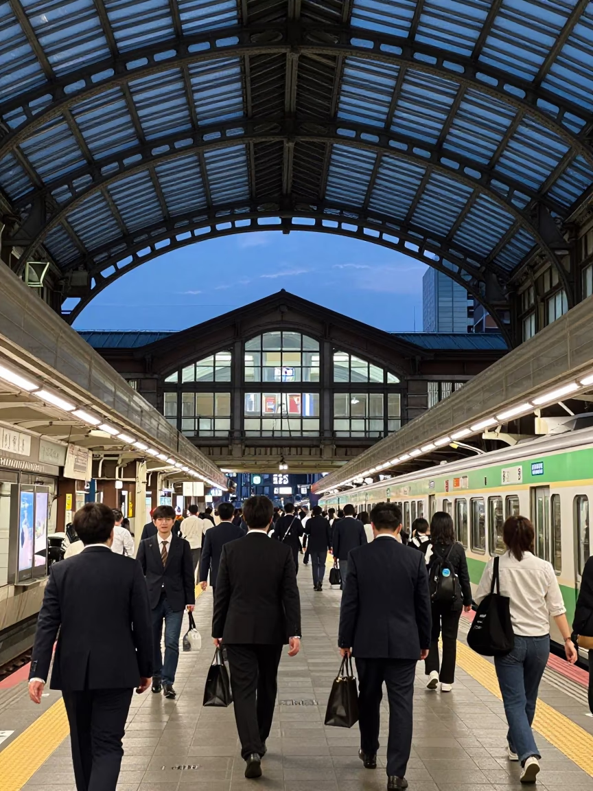 Busy Tokyo Train Station Twilight with Arched Glass Roof and Clock in in Tokyo, Japan