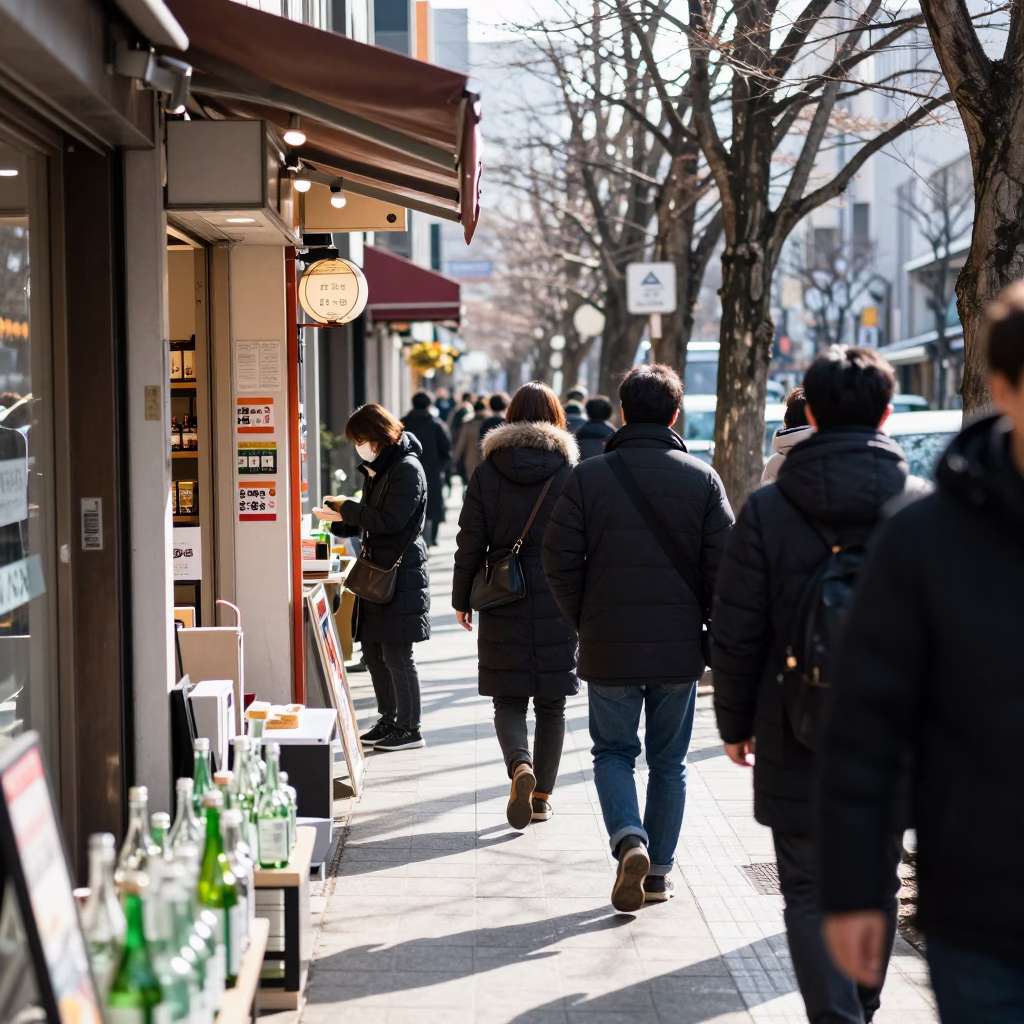 Busy Tokyo Winter Noon Street Scene With Glass Bottles And Slippers in in Tokyo, Japan