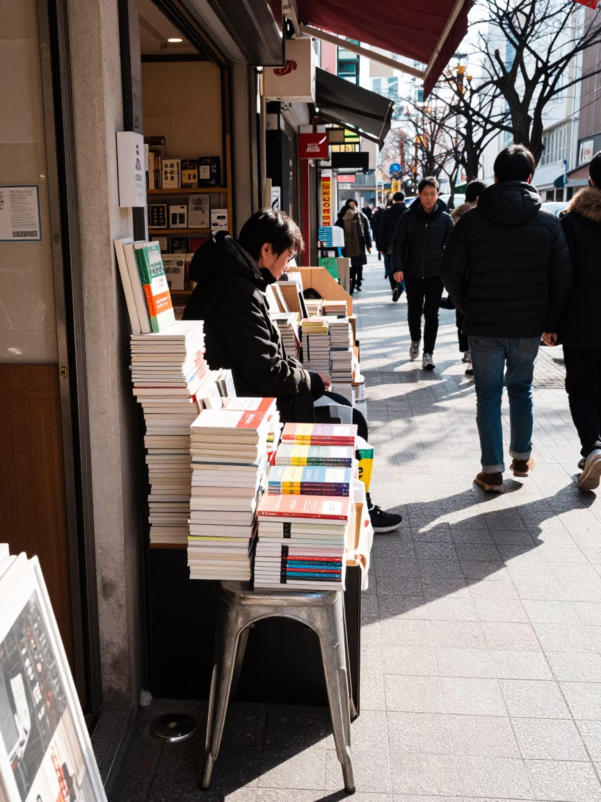 Busy Tokyo Winter Noon Street Scene with Paperbacks and Metal Stools in in Tokyo, Japan