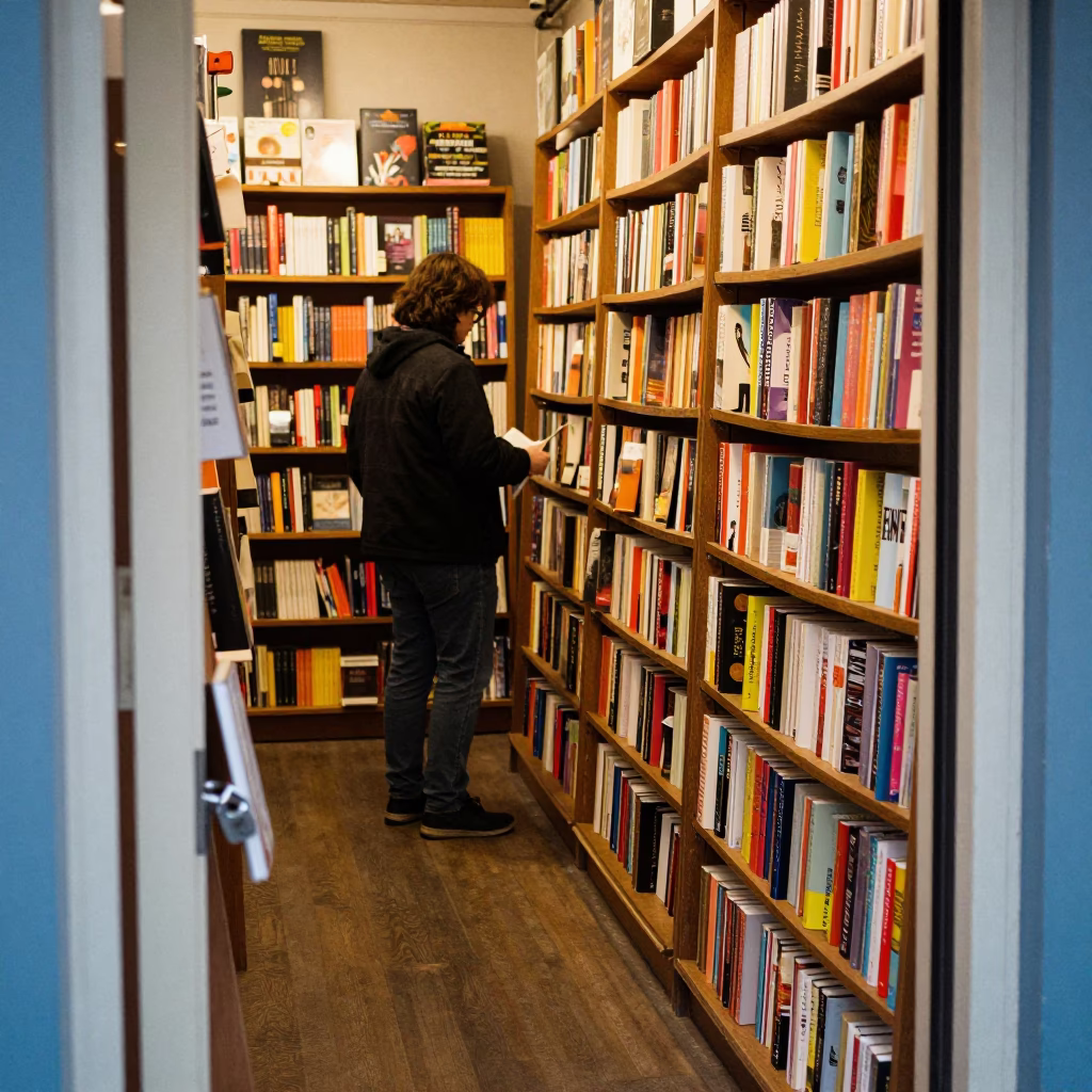 Busy Toronto Bookstore Aisle with Iron Deadbolt and Local Shopping Details in in Toronto, Ontario, Canada