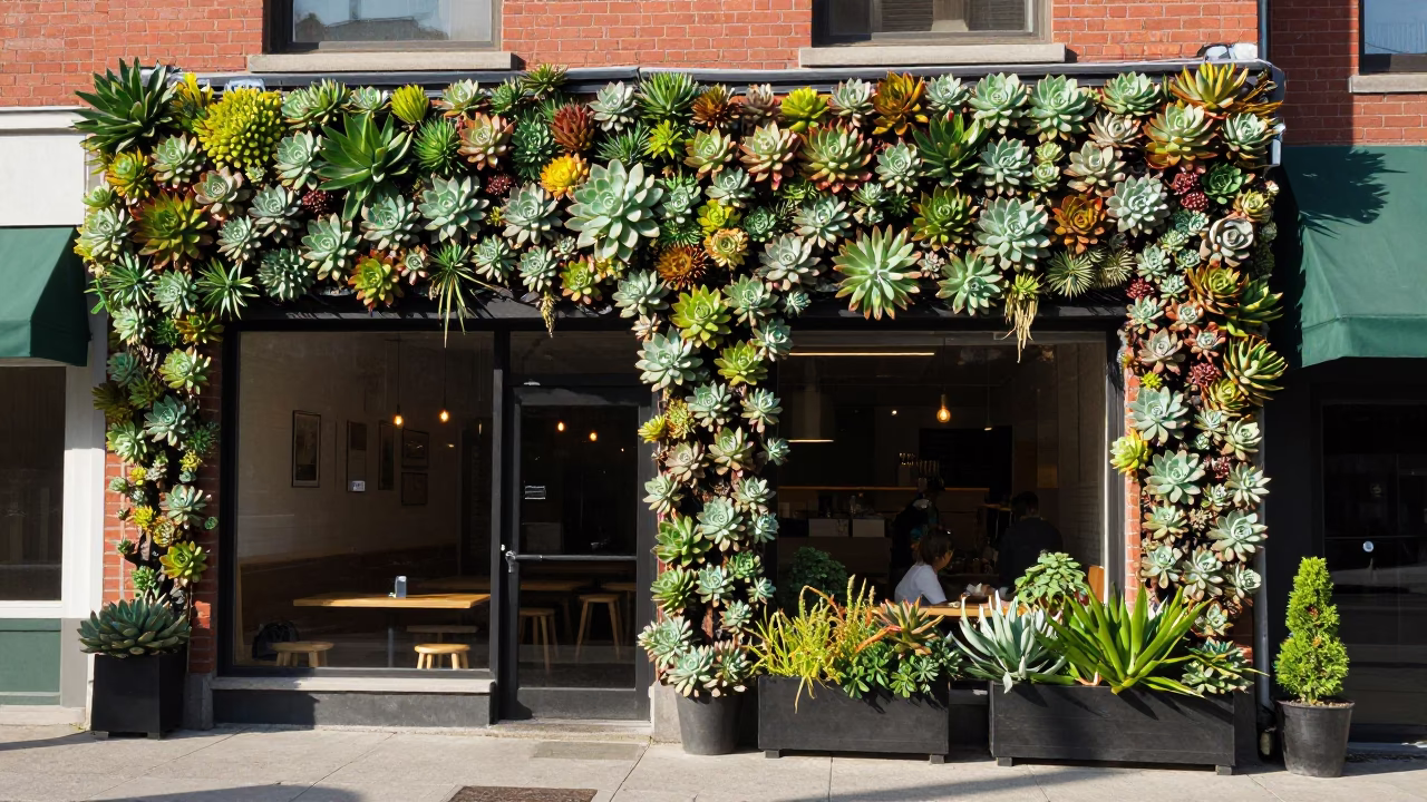 Busy Toronto Cafe Exterior Living Wall Succulents Late Morning Street Scene in in Toronto, Ontario, Canada
