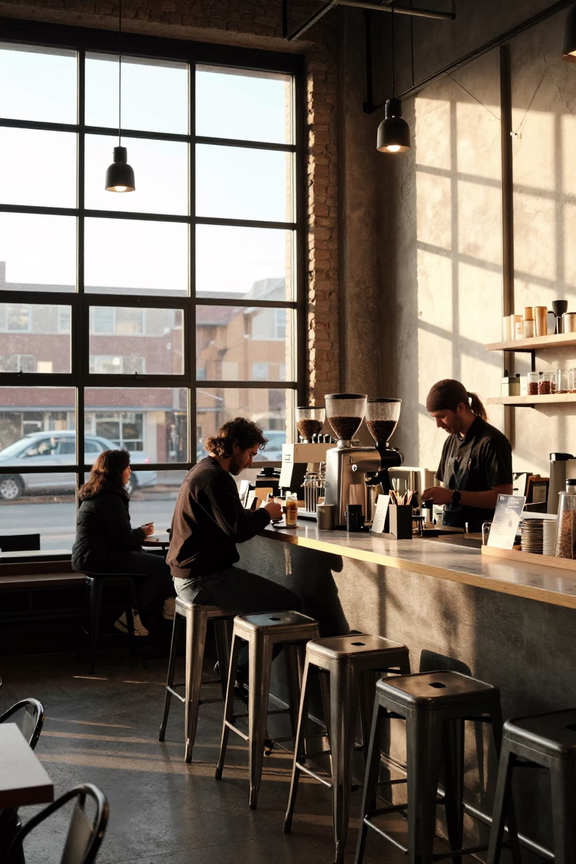 Busy Toronto Coffee Shop Interior During Golden Hour With Metal Stools And Coffee Grinder in in Toronto, Ontario, Canada