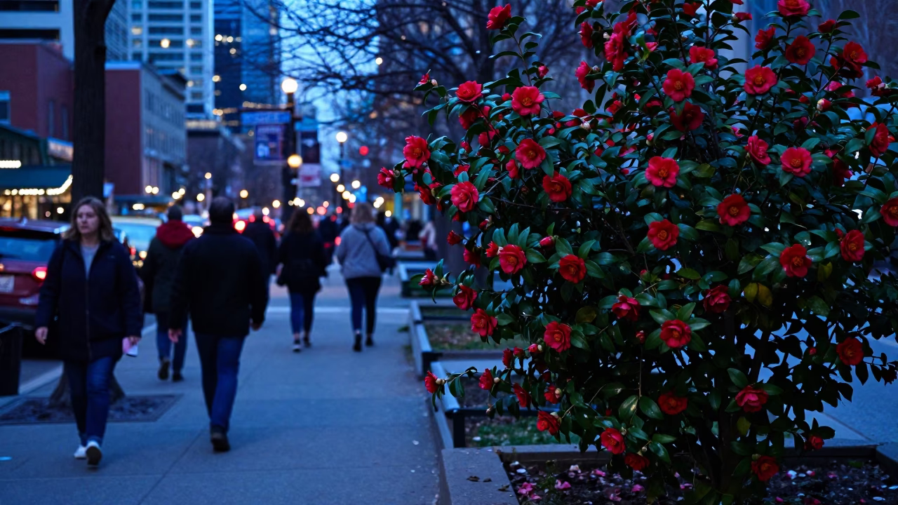 Busy Toronto Evening Street Scene with Camellia Bush and Urban Details in Blue Light in in Toronto, Ontario, Canada