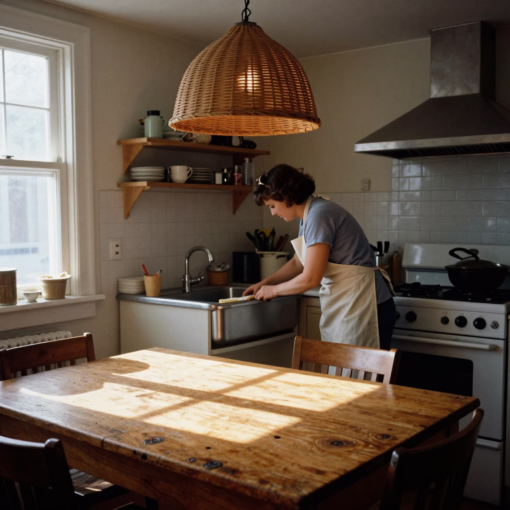 Busy Toronto Kitchen Midday with Woven Cane Light and Blueberries in in Toronto, Ontario, Canada
