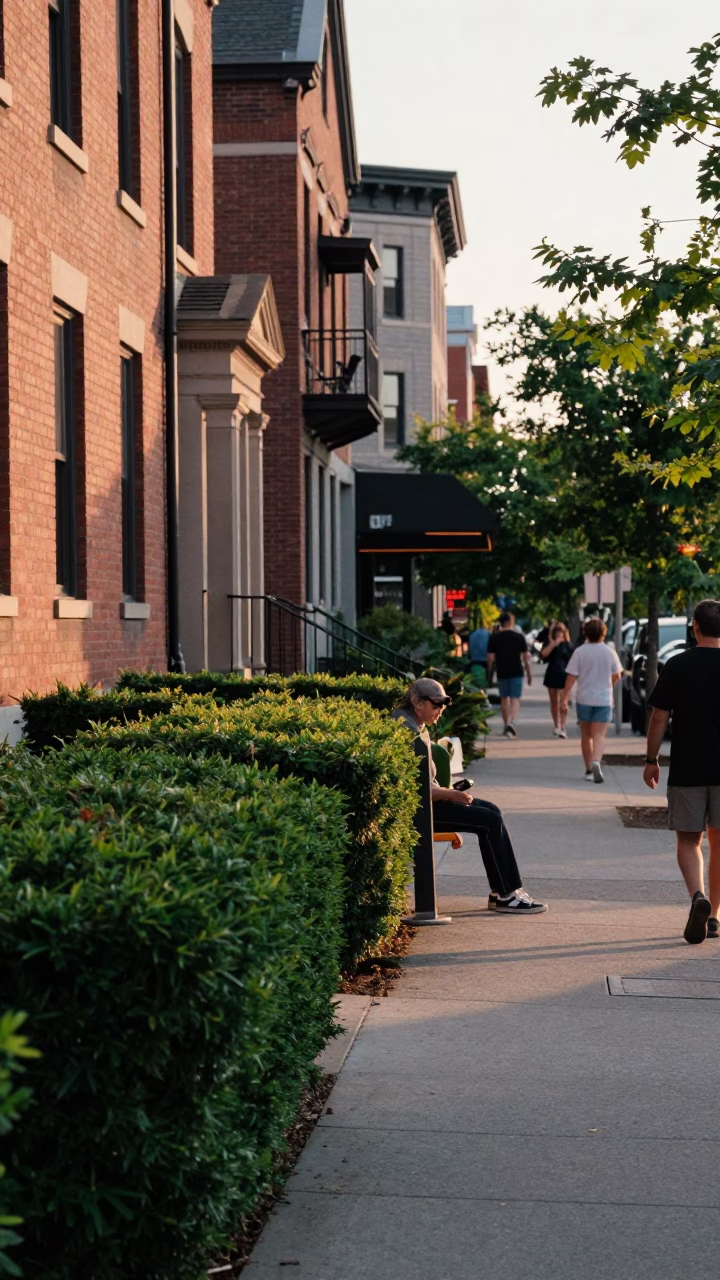 Busy Toronto Late Afternoon Street Scene with Boxwood Hedge and Vintage Pedestrians in in Toronto, Ontario, Canada