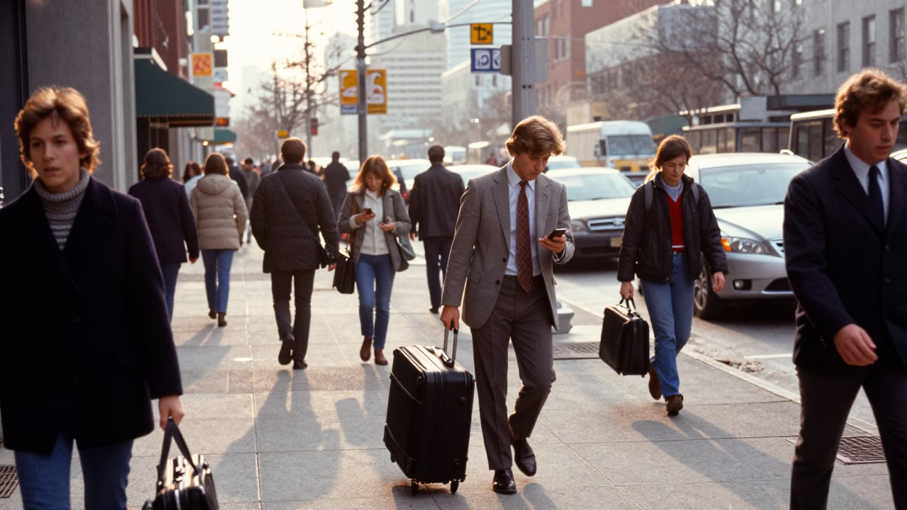 Busy Toronto Morning Commute with Suitcases and Concrete Architecture After Sunrise in in Toronto, Ontario, Canada