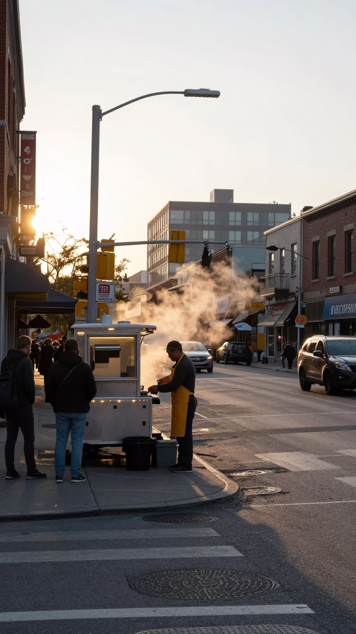 Busy Toronto Street Corner After Sunrise with Apron Wearing Barista and City Traffic in in Toronto, Ontario, Canada