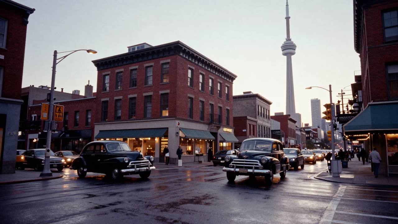 Busy Toronto Street Corner at Dawn with Vintage Cars and Pedestrians in Ontario in in Toronto, Ontario, Canada