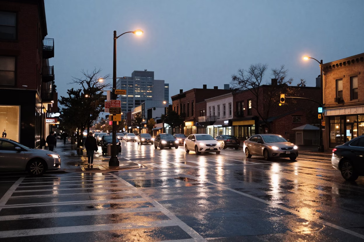 Busy Toronto Street Corner at Dusk with Grease Sheen and Lockbox in in Toronto, Ontario, Canada