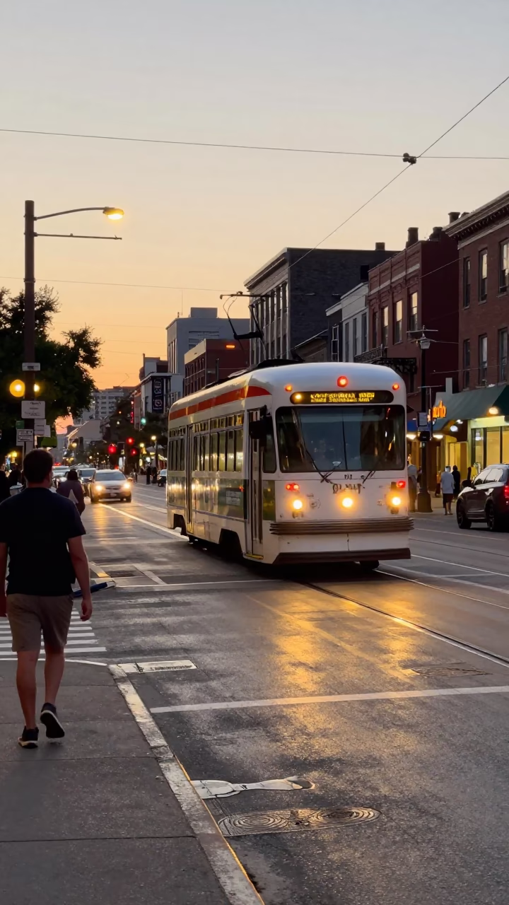 Busy Toronto Street Corner at Dusk with Heritage Tram and Vintage Automobiles in in Toronto, Ontario, Canada