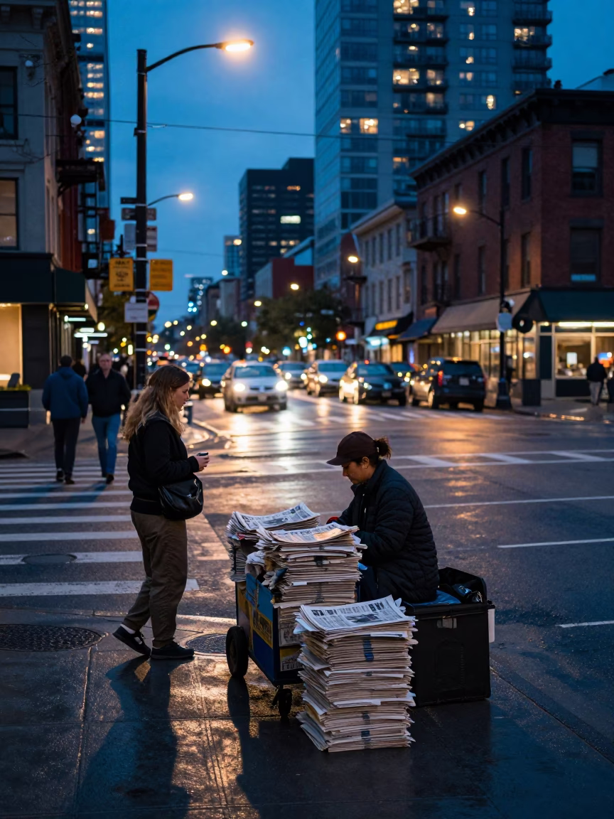 Busy Toronto Street Corner at Dusk with Newspaper Stack and Wooden Ladder in in Toronto, Ontario, Canada