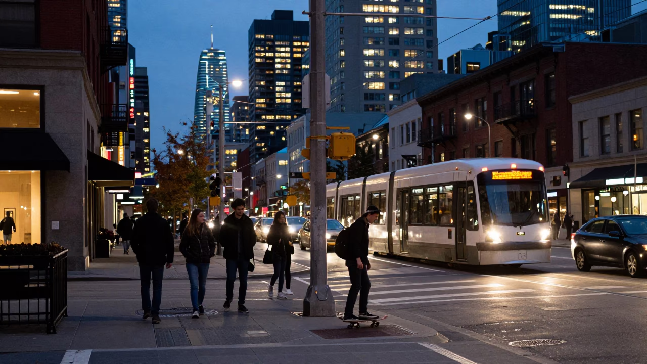 Busy Toronto Street Corner at Dusk with Skateboarder and City Lights Glowing in in Toronto, Ontario, Canada