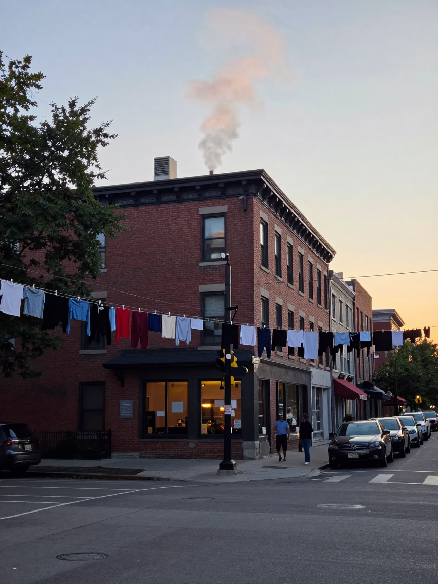 Busy Toronto Street Corner at Early Evening with Clothesline and Plaster Wall Steam Haze in in Toronto, Ontario, Canada