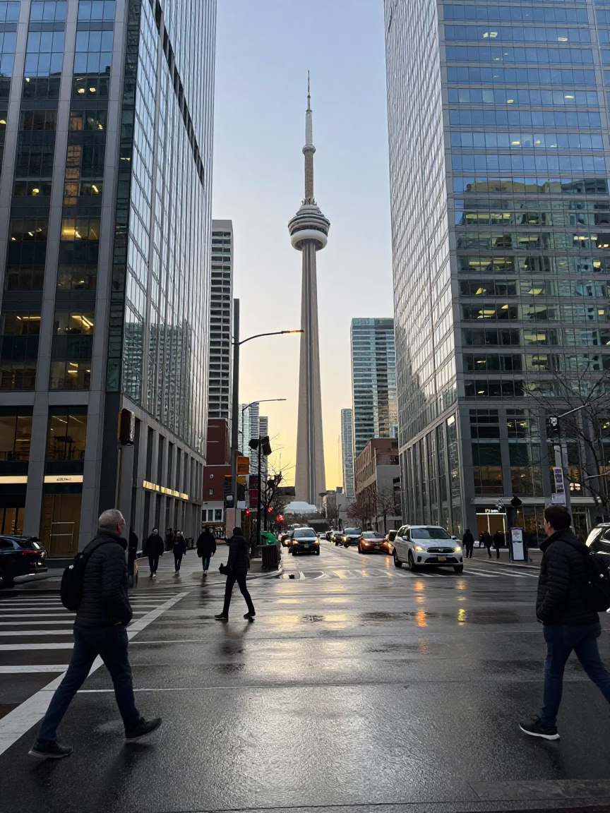 Busy Toronto Street Corner at First Light with Commuters and Urban Details in in Toronto, Ontario, Canada