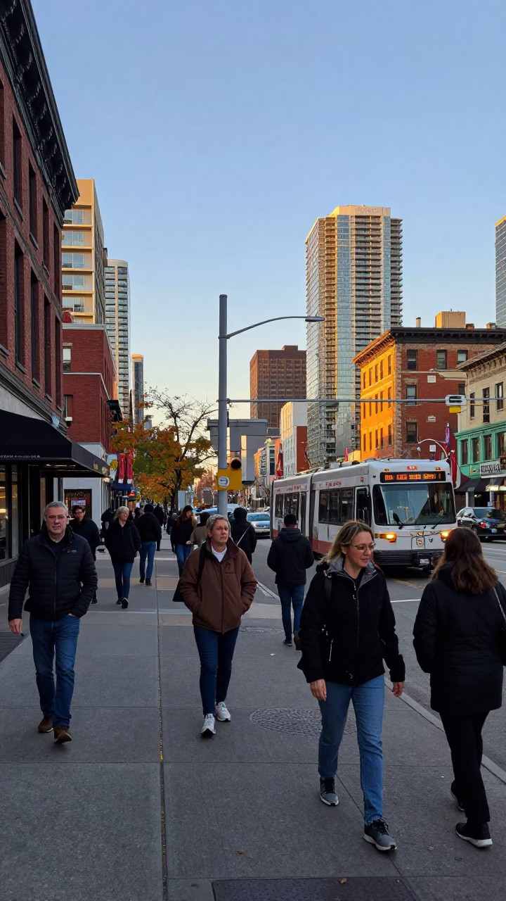 Busy Toronto Street Corner at Golden Hour with Commuters and City Life in in Toronto, Ontario, Canada