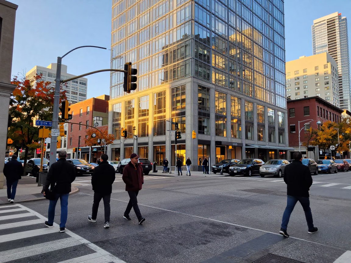 Busy Toronto Street Corner at Golden Hour with Urban Life and City Skyline Views in in Toronto, Ontario, Canada