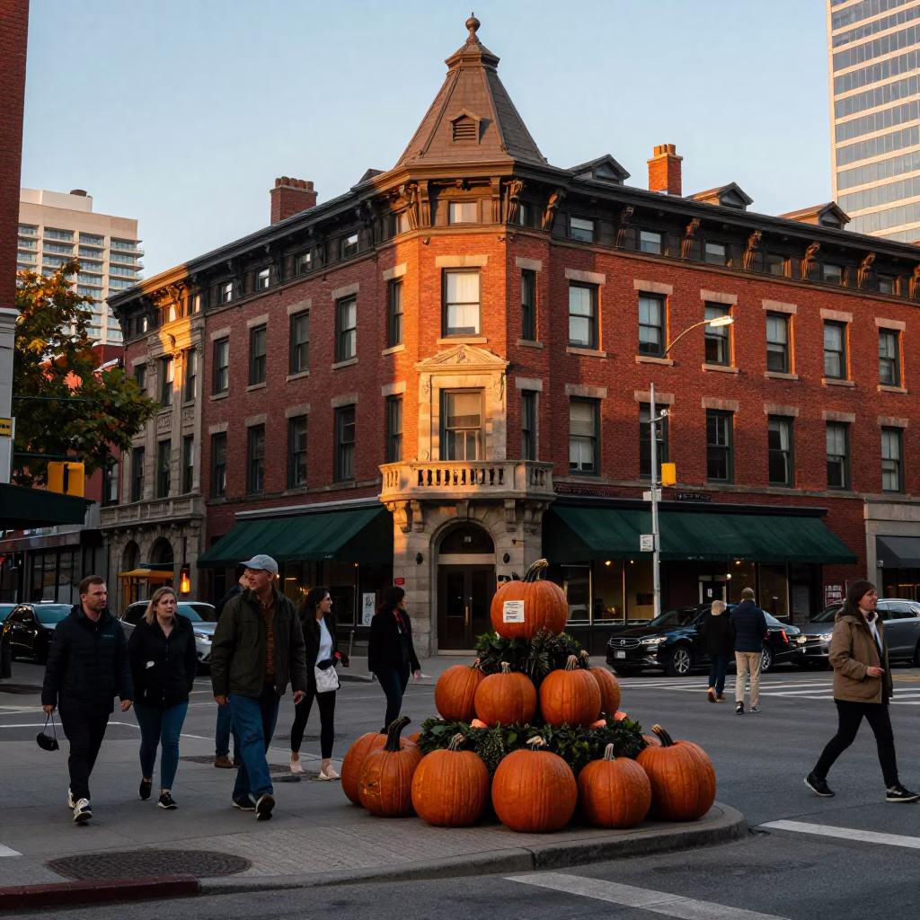 Busy Toronto Street Corner at Sunset with Pumpkin Displays and Window Light Reflections in in Toronto, Ontario, Canada