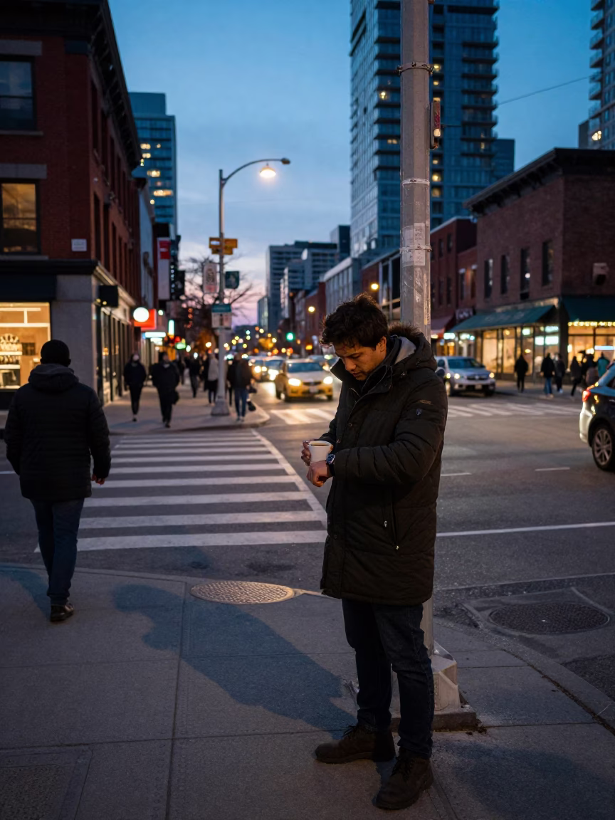Busy Toronto Street Corner at Twilight with Espresso Cup and Leaf Shadows in in Toronto, Ontario, Canada