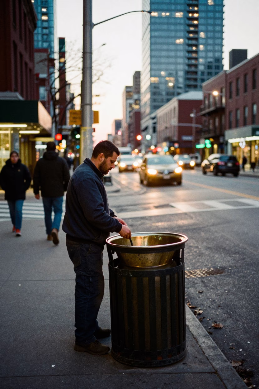 Busy Toronto Street Corner Before Dawn with Brass Basin and School Library Cart in in Toronto, Ontario, Canada