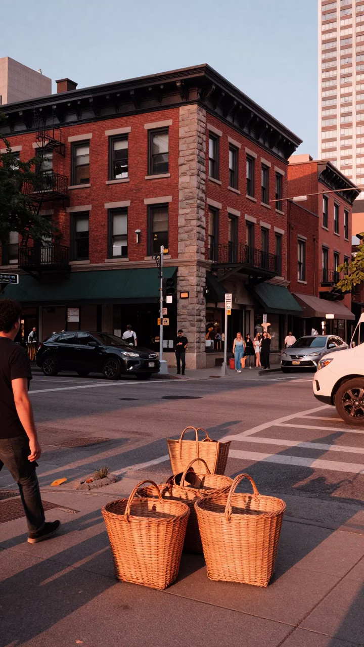 Busy Toronto Street Corner Before Dusk with Woven Baskets and City Life in in Toronto, Ontario, Canada