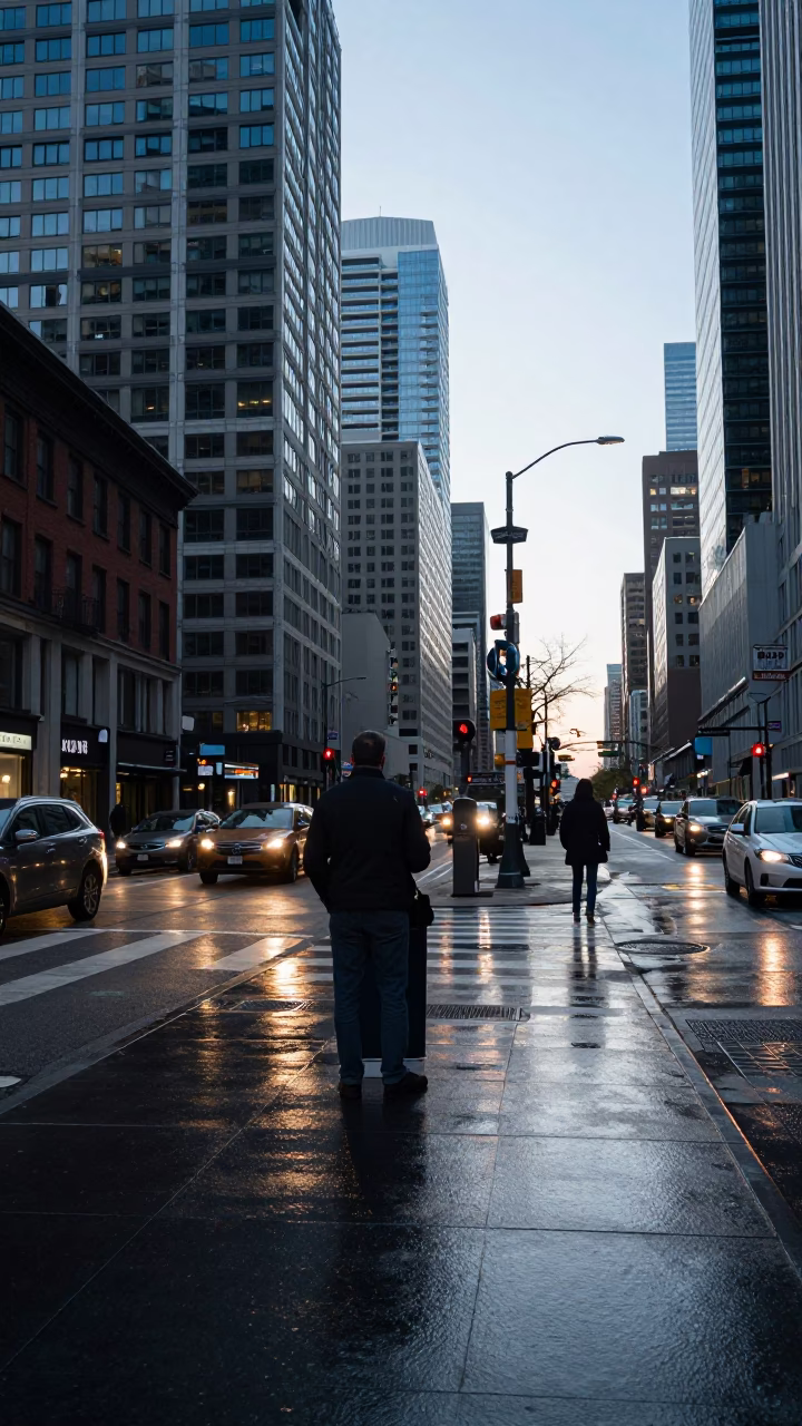 Busy Toronto Street Corner Early Morning Commuters and Valet Stand in in Toronto, Ontario, Canada