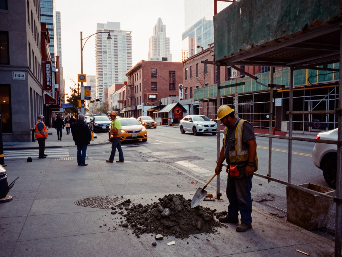 Busy Toronto Street Corner Early Morning with Construction Workers and City Infrastructure in in Toronto, Ontario, Canada