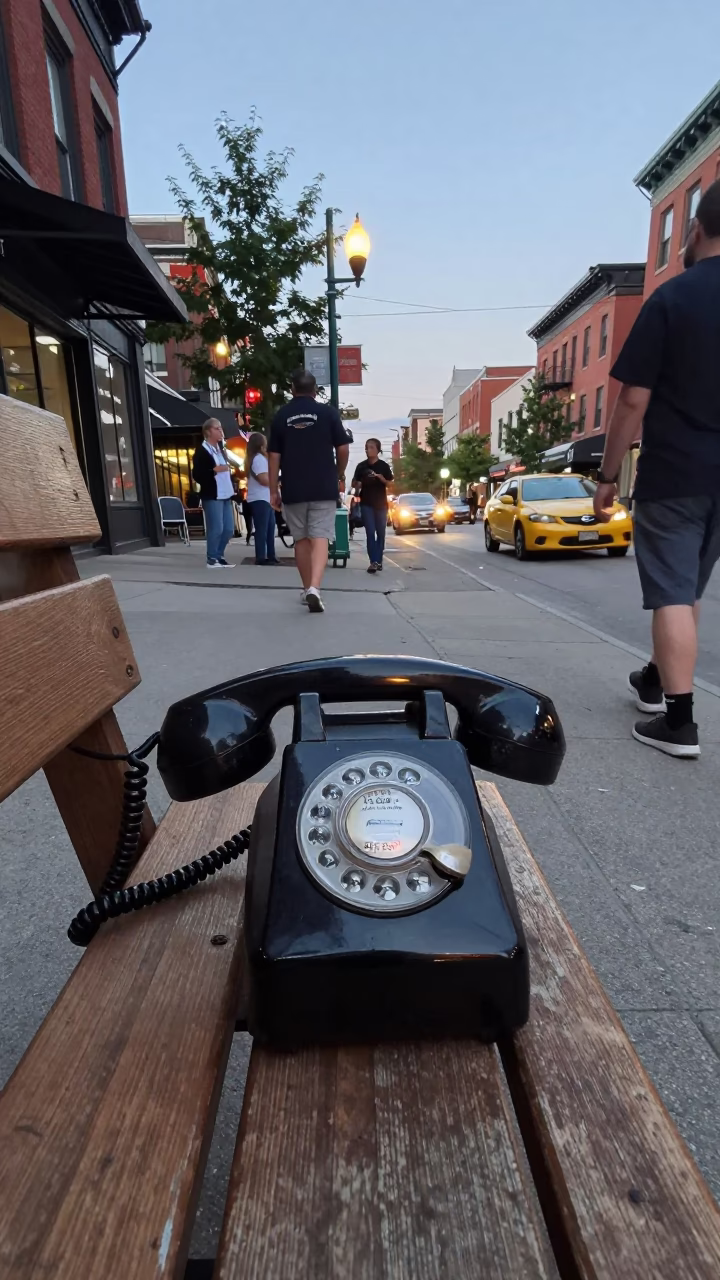 Busy Toronto Street Corner in Early Evening with Vintage Bakelite Telephone and Mint Leaves in in Toronto, Ontario, Canada