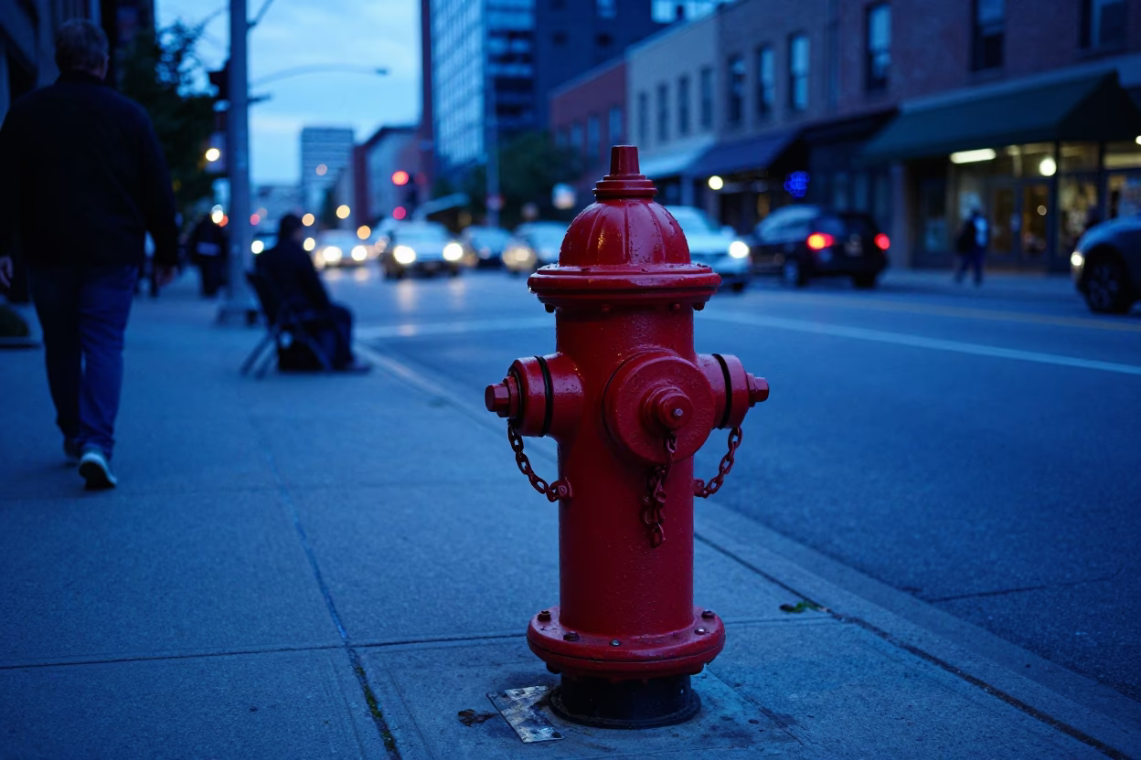 Busy Toronto Street Corner in Evening Blue Light with Hydrant and Pedestrians in in Toronto, Ontario, Canada