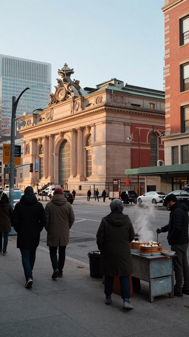 Busy Toronto Street Corner Just After Sunrise with Vintage 1970s Urban Details in in Toronto, Ontario, Canada