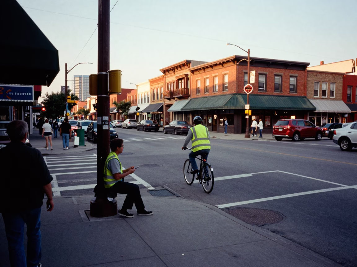 Busy Toronto Street Corner Late Afternoon with Coffee Tin and Cyclist in in Toronto, Ontario, Canada