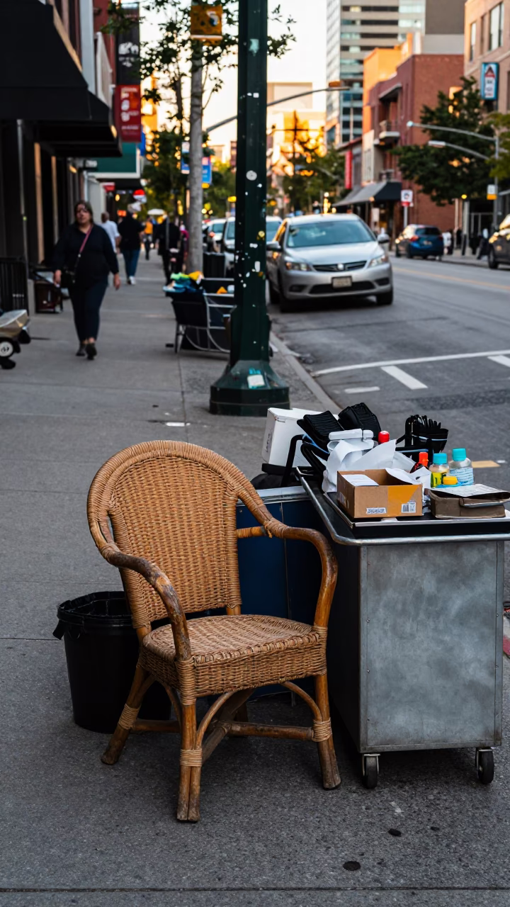Busy Toronto Street Corner Late Afternoon with Rattan Chair and Tea Tray in in Toronto, Ontario, Canada