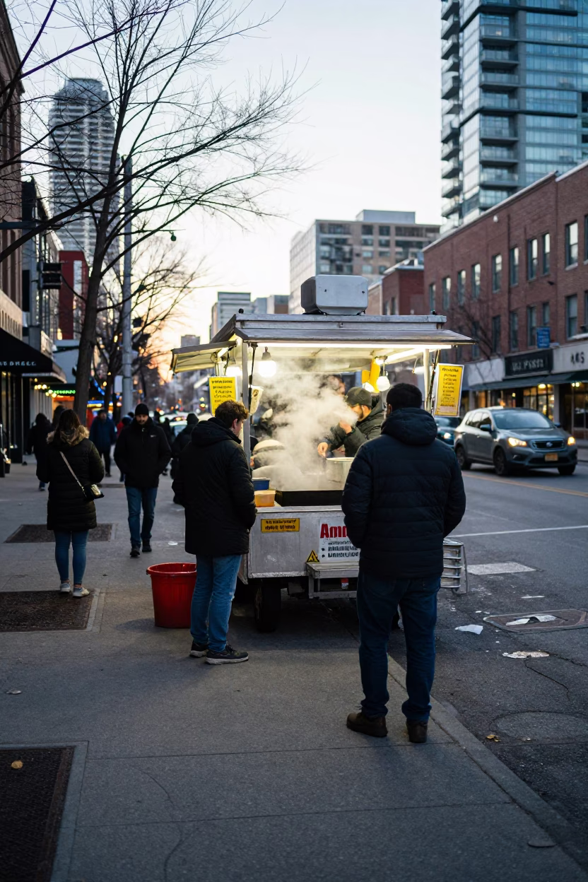 Busy Toronto Street Corner Late Morning Food Cart and City Traffic in in Toronto, Ontario, Canada