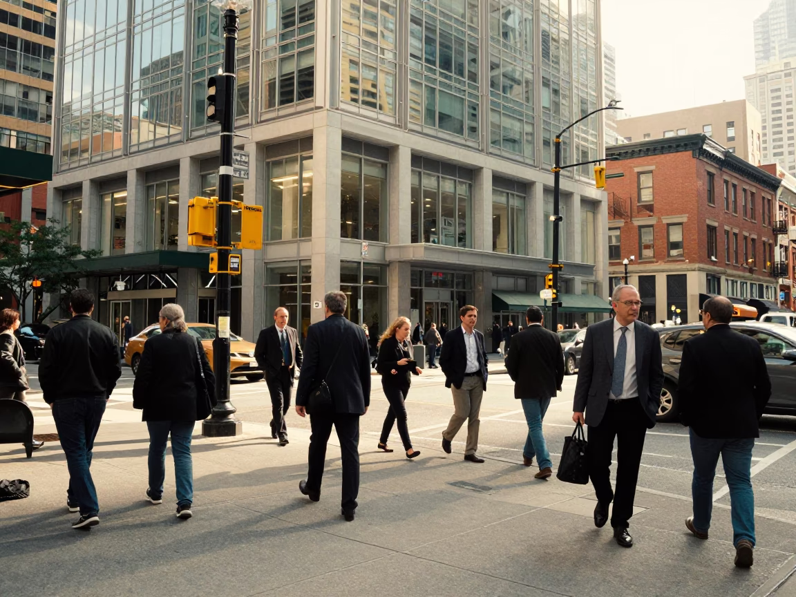 Busy Toronto Street Corner Late Morning Pedestrians and Urban Architecture in in Toronto, Ontario, Canada