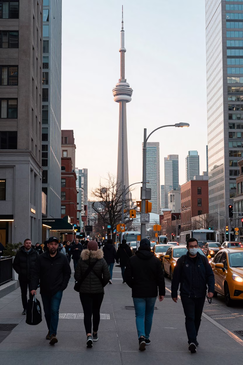 Busy Toronto Street Corner Late Morning Traffic and Pedestrians Near CN Tower in in Toronto, Ontario, Canada