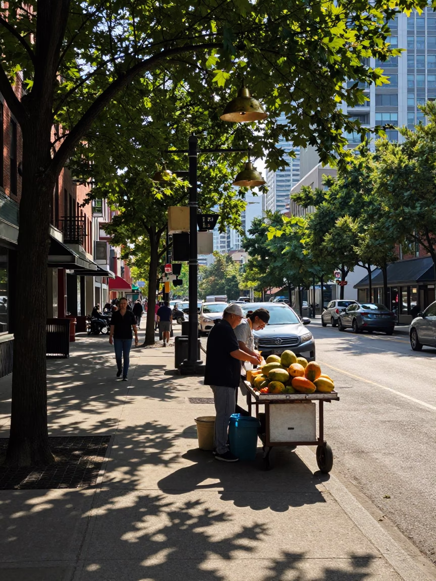 Busy Toronto Street Corner Late Morning with Brass Fixtures and Urban Life in in Toronto, Ontario, Canada
