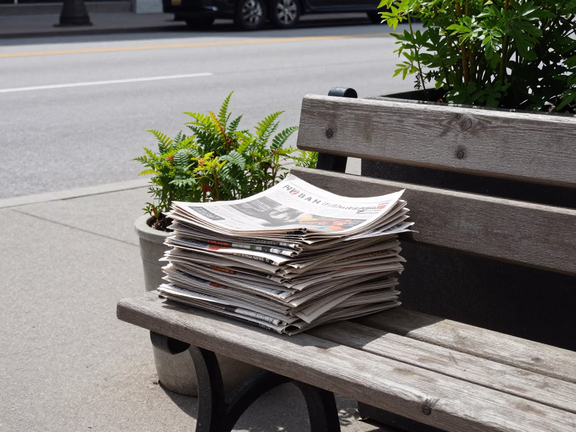Busy Toronto Street Corner Midday Scene with Newspaper Stack and Houseplant on Wooden Bench in in Toronto, Ontario, Canada