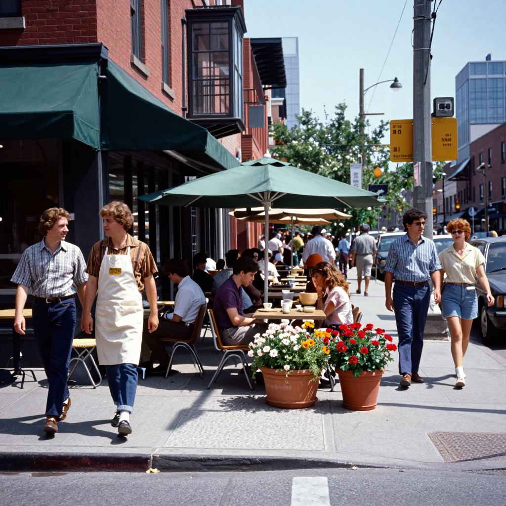 Busy Toronto Street Corner Midday with Aprons and Flowerpots in Ontario Canada in in Toronto, Ontario, Canada